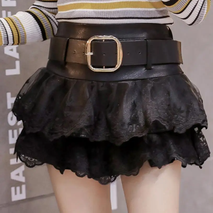 Зимняя мини-юбка из искусственной кожи, Женская кружевная многослойная юбка с высокой талией, бальная юбка размера плюс 3XL