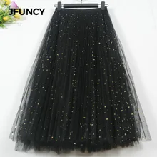 JFUNCY Кружевные Гофрированные длинные юбки Новые весна лето женские повседневные шифон, высокая талия женские черные звезды милые плиссированные юбки