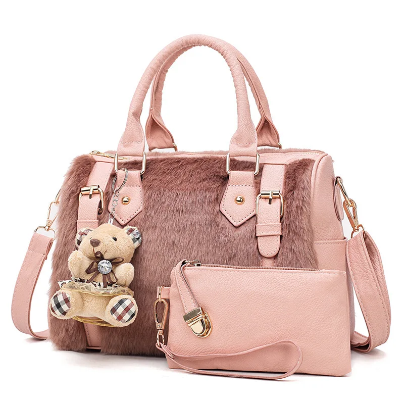 

2018 NEW handbag women casual tote bag female large shoulder messenger bags high quality faux fur handbag with bear/coin bag