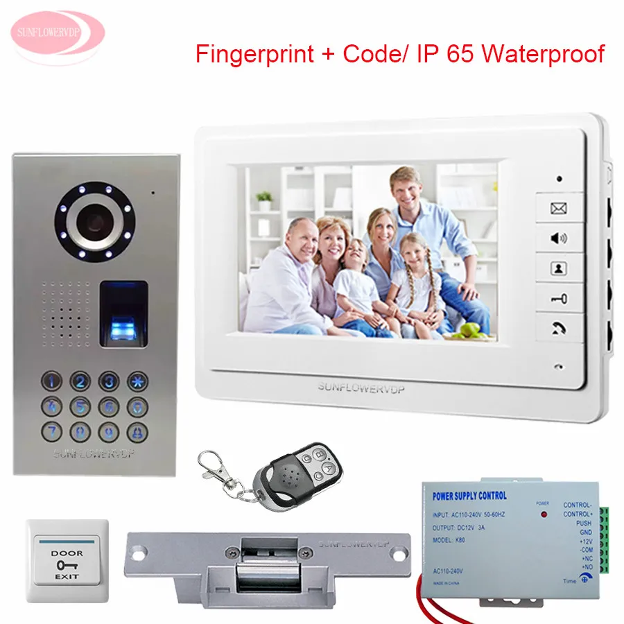 

7inch Video Door Entry System Fingerprint Keypad IP65 Waterproof Video Door Phone Intercom With Electronic lock System Unit Kit