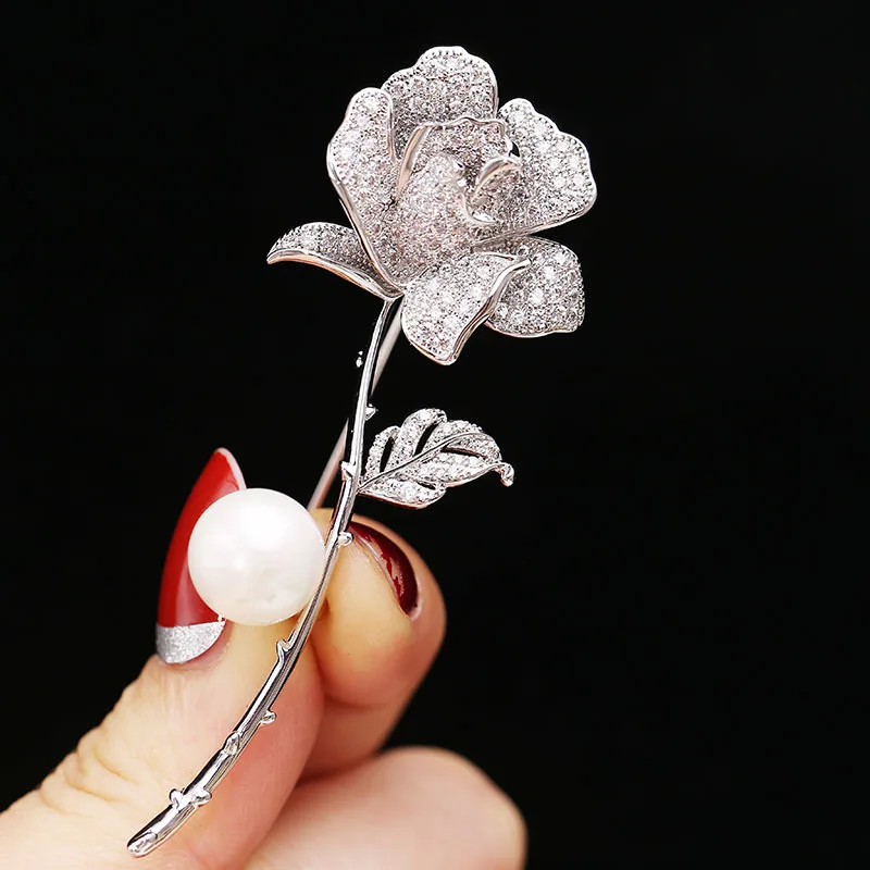 fashion rose flower crystal rhinestone pearl brooch jwelry for womenin Brooches from Jewelry