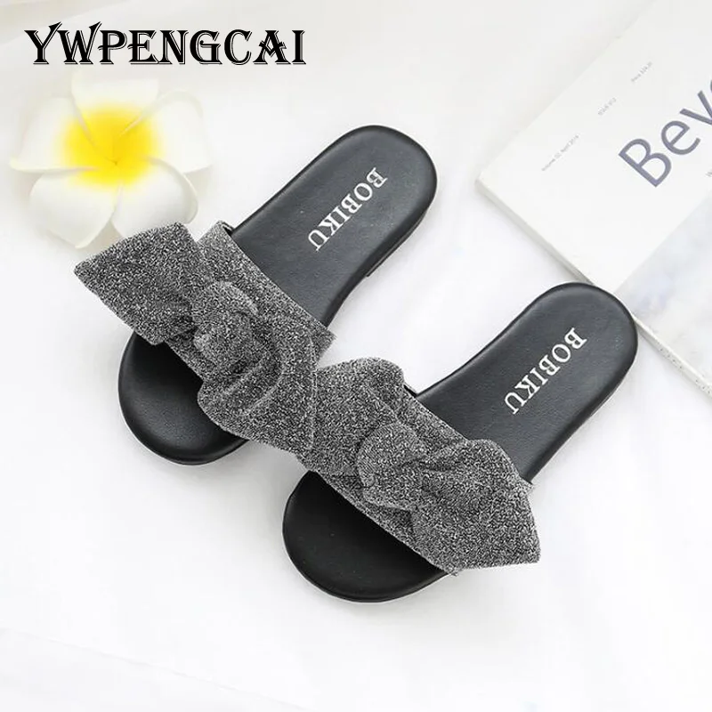 YWPENGCAI Детская летняя обувь с блестками и бантом Нескользящие шлепанцы на плоской