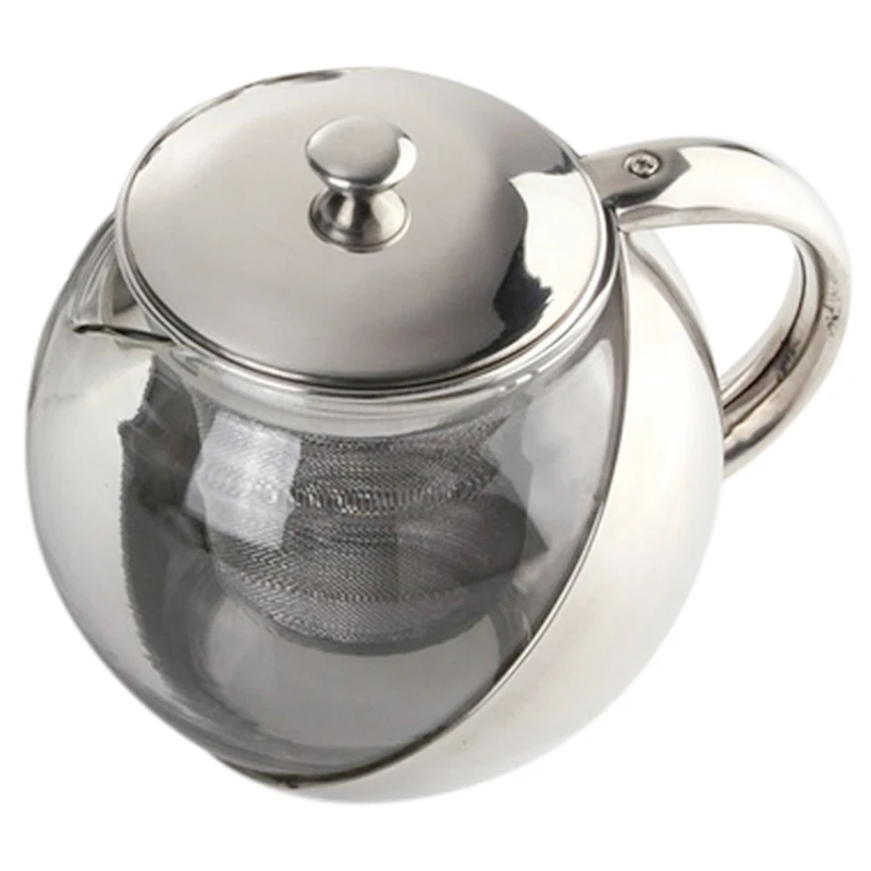 Modern Stylish Stainless Steel + Glass Teapot With Loose Tea Leaf Infuser Silver Accessories