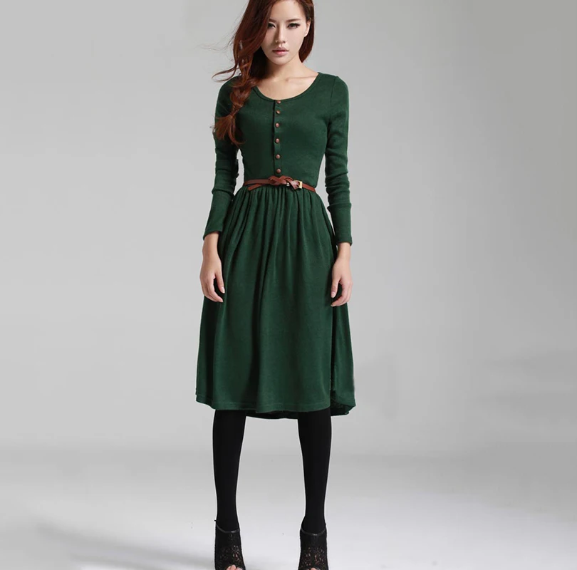 

Spring Autumn Vintage Women Slim Long Sleeve Knitted Button Long Dresses