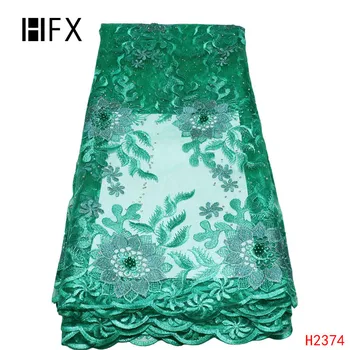 

HFX African Lace Fabric Bridal Beaded Embroidery High Quality Tulle Lace Party Dress 2019 Green French Net Lace Fabric X2374