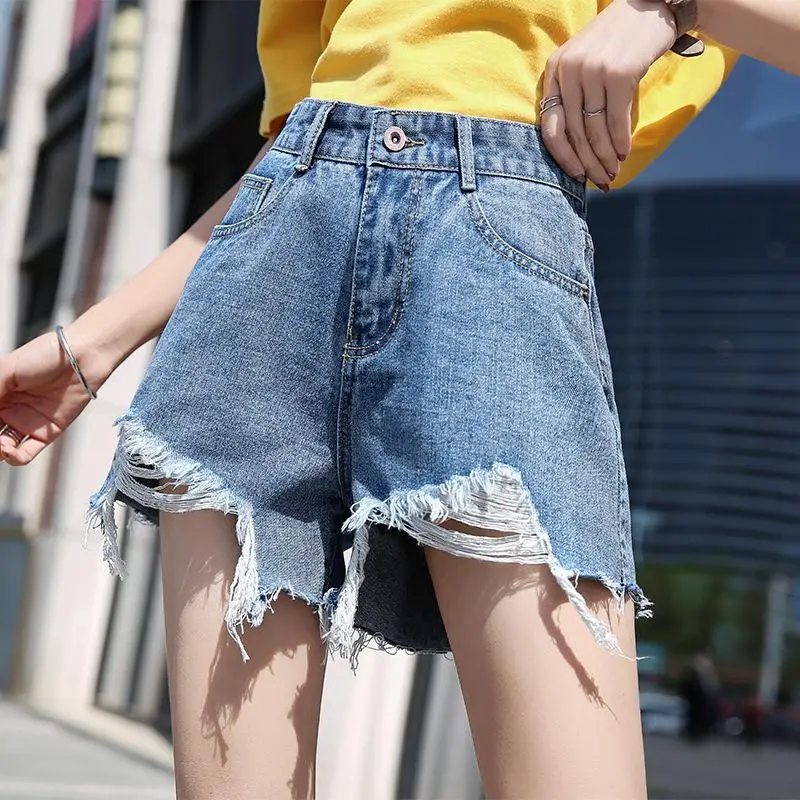 

2019 New Yfashion Women Spring Summer Pure Color High Waist Rough Edge Denim Shorts
