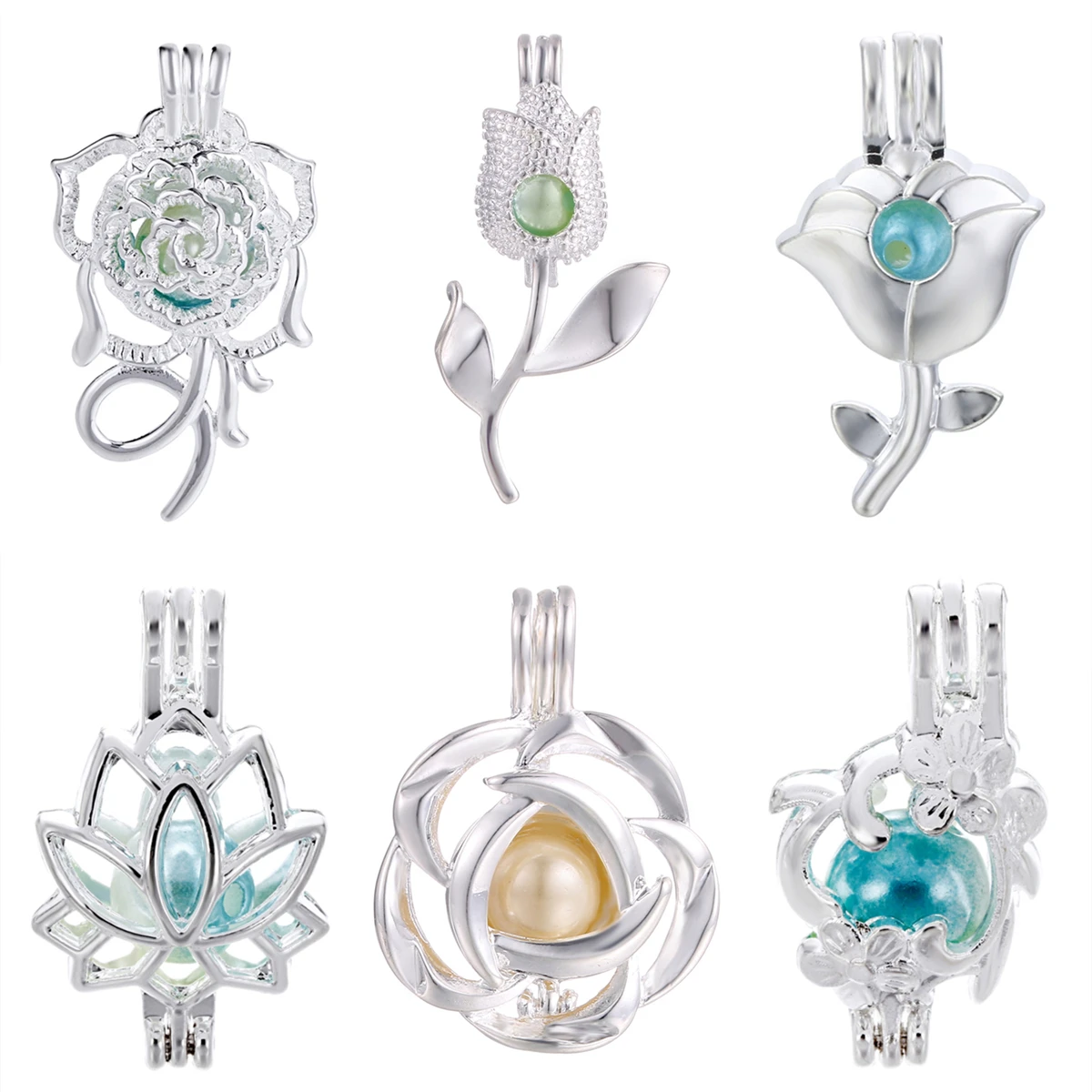 

5pcs Bright Silver Rose Lotus Pearl Cage Locket Pendant for Aroma Perfume Essential Oil Diffuser Bracelet Necklace Making