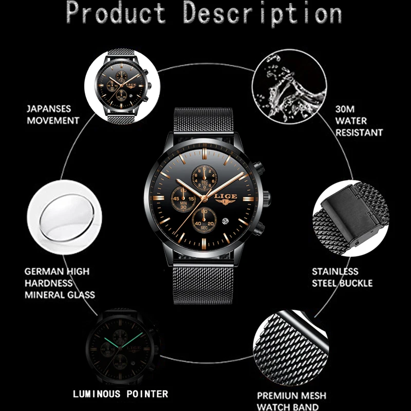 LIGE Mens Watches Luxury Brand Fashion Quartz Clock Men's Sports Watch For Men All Steel Military Waterproof Watch 