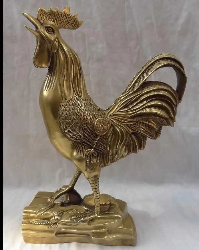 

880070214<<<13" Chinese Zodiac Brass Wealth Coin Animal Rooster Cock On Egg Statue Figurine