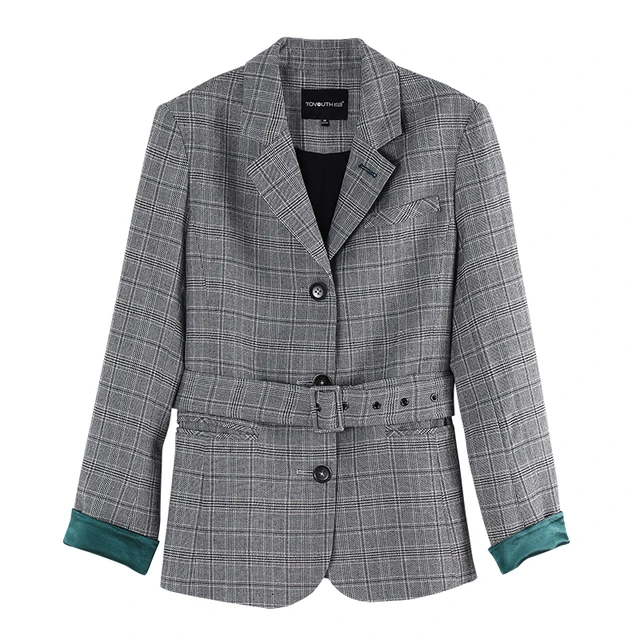 Toyouth Plaid Formal Wearwork Jacket Women British Style Chic Ladies Blazer Belted Office Button Vuntage Female Coat Tops