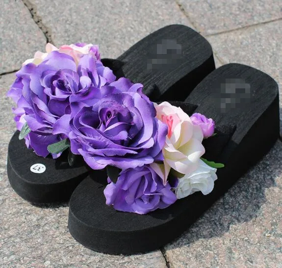 Мода женские цветки пляжные тапочки склон с нескользящей толстым дном сдобы сандалии, сандалии и тапочки невесты пляжная обувь