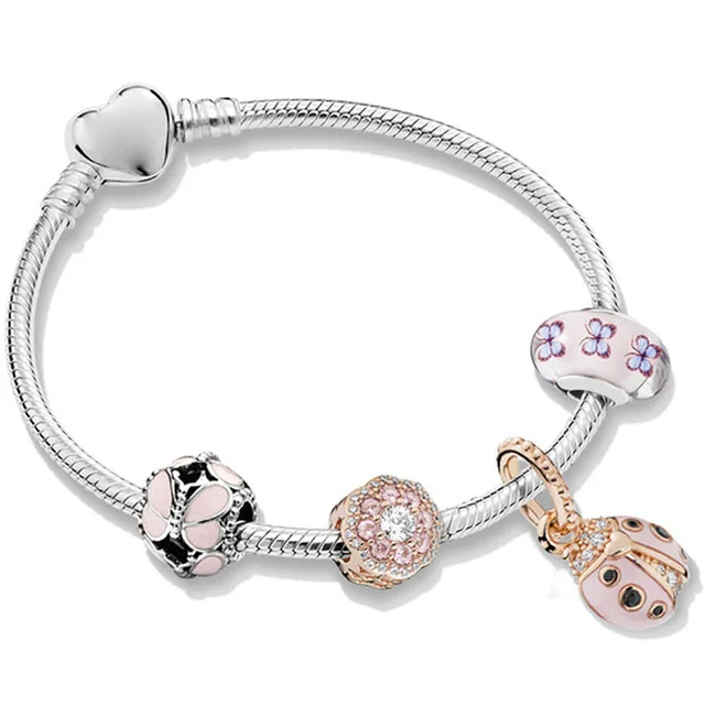 

Kristie 100% 925 sterling silver new 2019 spring ZT0258 Flowers Ladybird Butterfly Bracelet set 787851NPM 797855EN160 Free Shipp