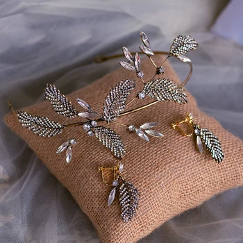 

Baroque Leaves Crystal Brides Headbands with Earring Bridal Tiara Headpieces Evening Headdress
