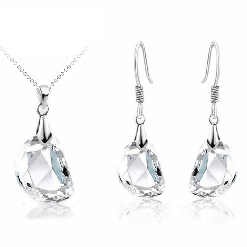

JEXXI Jewely Sets Waterdrop Shaped Crystal Wedding Engagement 925 Sterling Silver Earring Necklace Women Party Gift