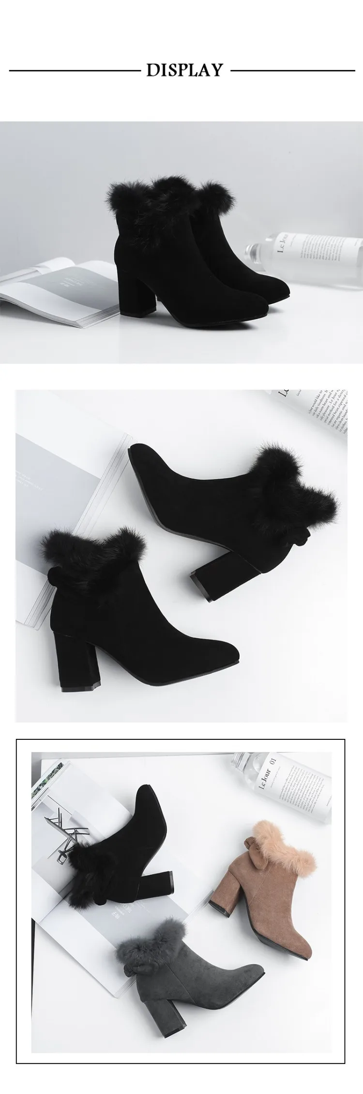 Womens Pointed Toe Booties Shoes Korean Bow Thick High Heel Large Size Fashion Ankle Boots Black Khaki Grey1