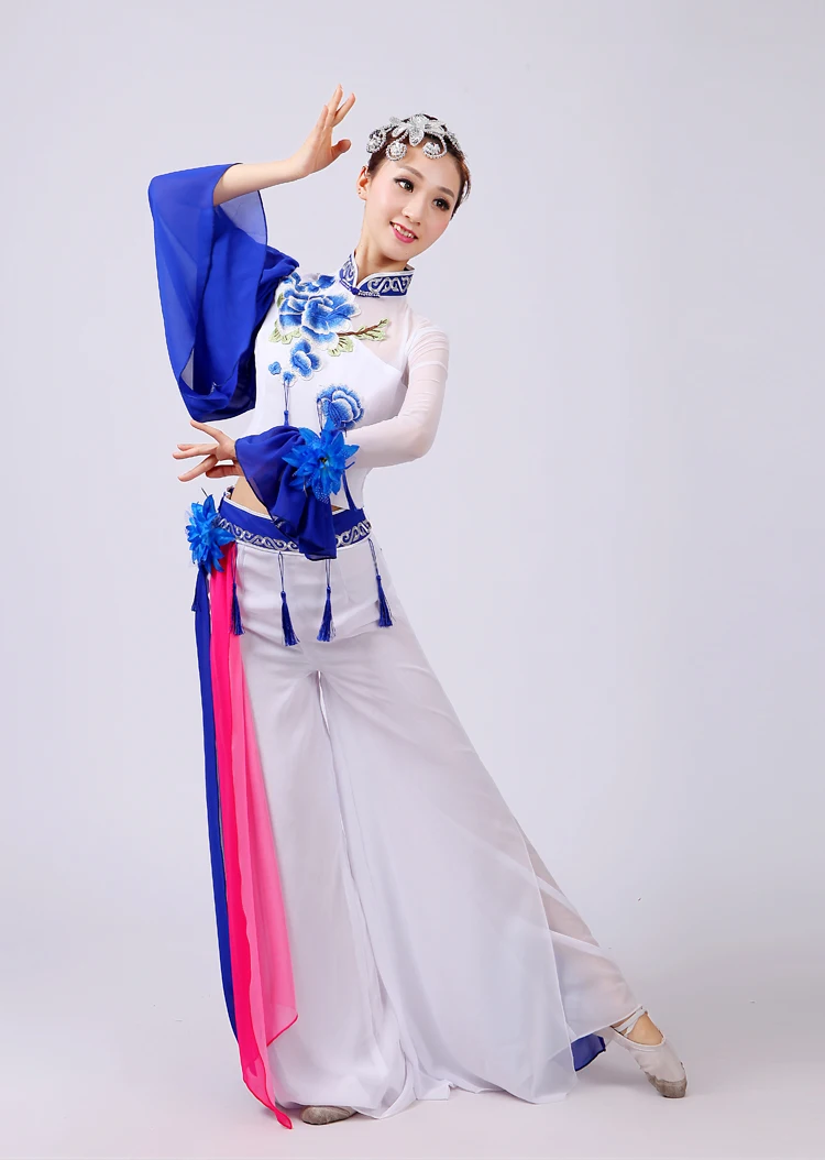 Сине-белый фарфоровый костюм для классических танцев веер для танцевального костюма танец зонтик рулонная штора танец