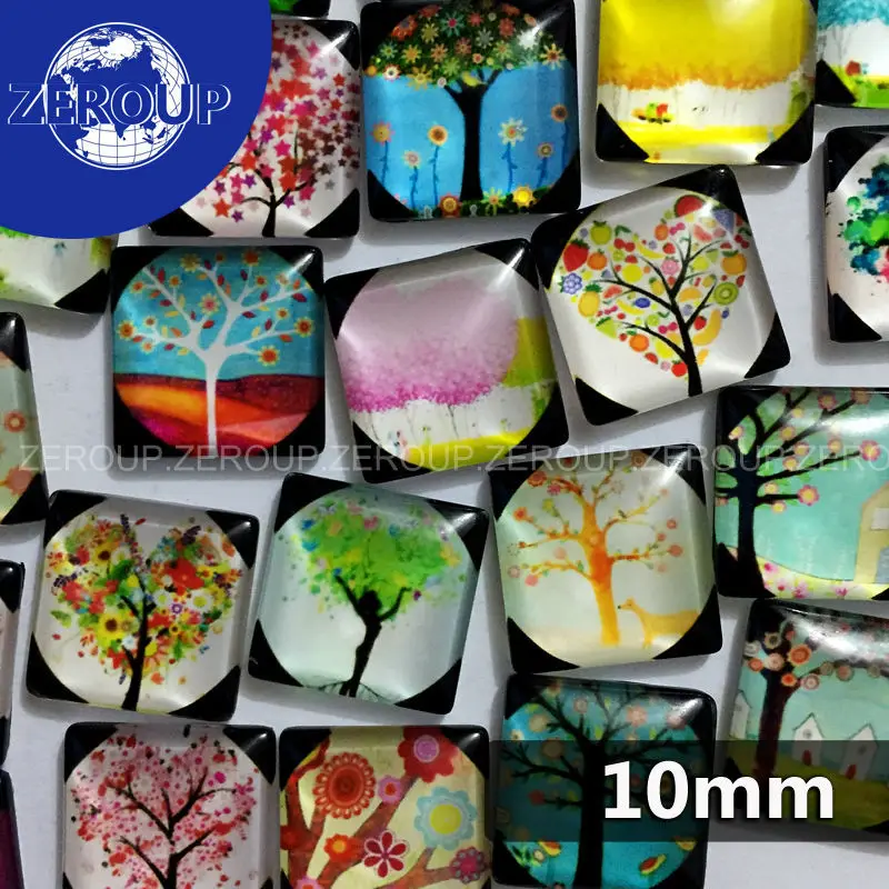 

50pcs/lot 10mm clear square glass cabochon tree mixed pattern fit cameo base setting for jewelry embellishment flatback