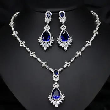 

Classic Bridal Jewellery Sets Cubic Zirconia Necklace Earrings Set Women's Blue CZ Stones Wedding Party Dresses Accessories Sets