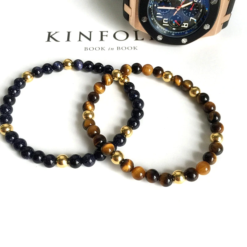 Mcllroy 6mm Titanium Steel Bead bracelet pulseiras masculinas natural stone tiger eye bracelets mens bracelet cuir homme