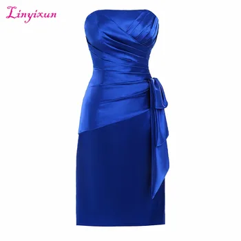 

Linyixun Real PhoRoyal Blue 2017 Mother Of The Bride Dresses Sheath Pleat Knee Length Short Evening Dresses For Wedding Party