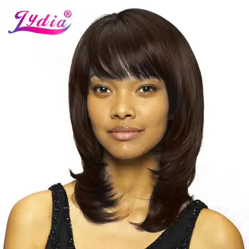 Лидия для черных женщин синтетические парики с правой стороны взрыва Средний прямой натуральный парик смешанные цвета P1B/30 афроамериканские парики