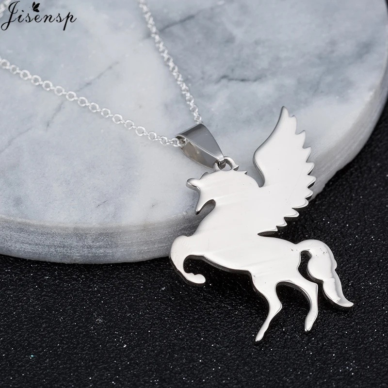 Jisensp New Women Jewelry Vintage Silver Cool Horse with Wing Pendant Long Necklace Men Gift Animal Unicorn Necklace Collares