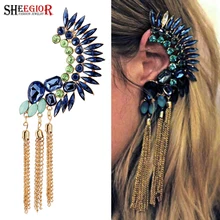SHEEGIOR, бохо, длинные серьги-манжеты с кисточками, Bijoux Femme, золотые цепочки, стразы, большие клипсы, серьги для женщин, модное ювелирное изделие, подарок