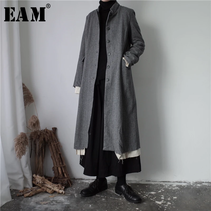 

[EAM] High Quality 2019 Spring Black Spliced Loose Casual Single Breasted Two Pockets Fashion New Women's Long Coat LA677