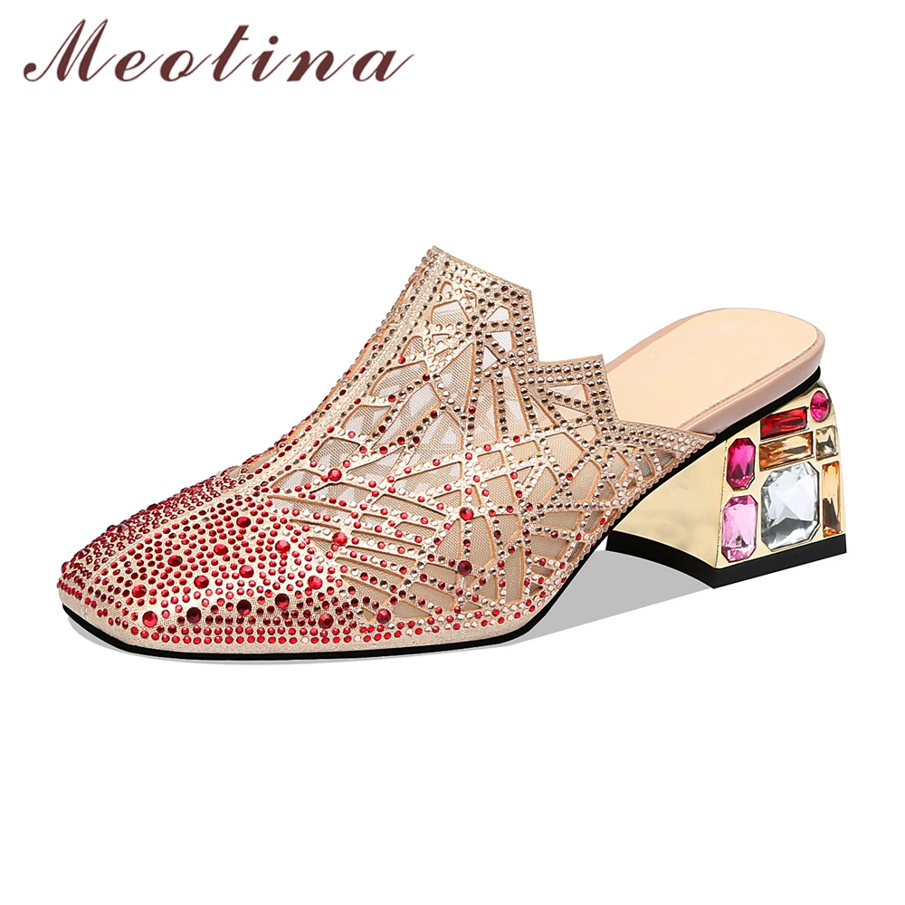 

Meotina Women Slippers Summer Mules Shoes Rhinestone Block High Heels Shoes Luxury Square Toe Party Sandals Ladies Gold Size 41