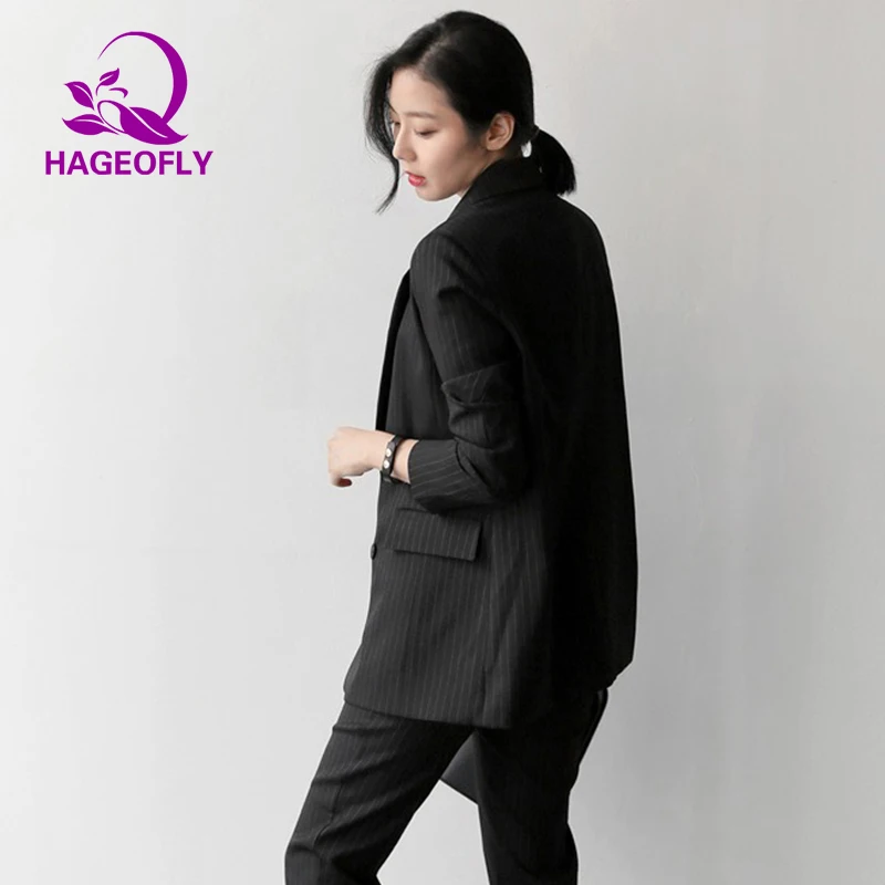 Новые корейские женские костюмы Полосатый Черный Белый Серый блейзер с девятью штанами женский двубортный офисный костюм из двух частей женский - Цвет: black