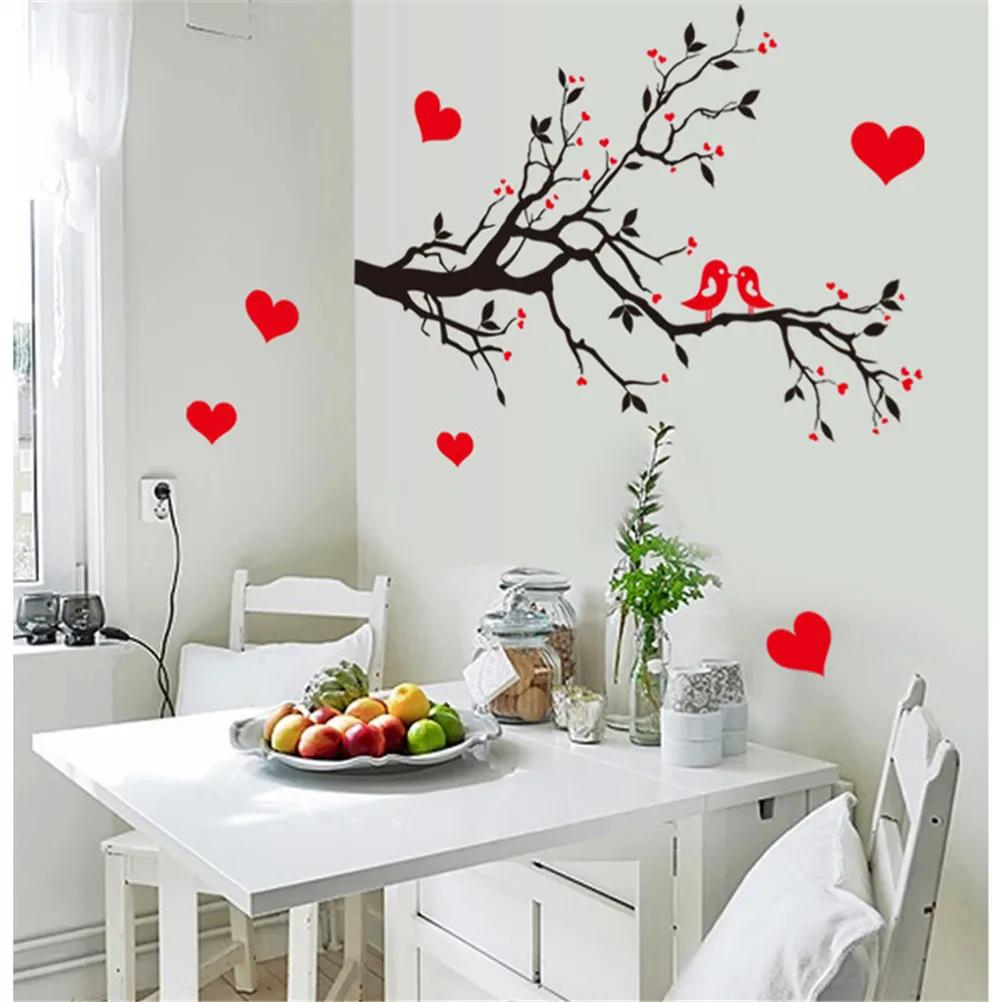 Red Love Heart Ird Wall Stickers BDecal Bedroom Living Room DIY Removable PVC Art Beautiful Home Decor Branches Decals