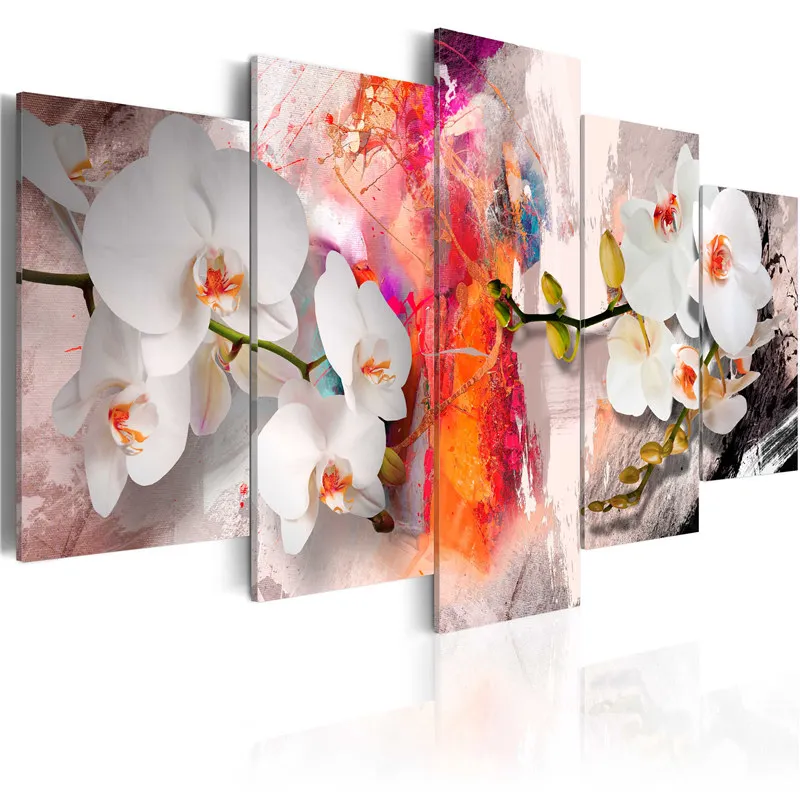 

5 Pieces Fashion Colorful Canvas Wall Art Yellow Orange Orchids Flowers Prints Poster Wall Painting for Kids Room Home Decor