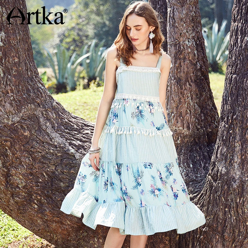 

ARTKA Summer 2018 New Women Strap Fresh Floral Printing Lace Stitching Loose Waist Big Swing Tassels Dress LA10681C