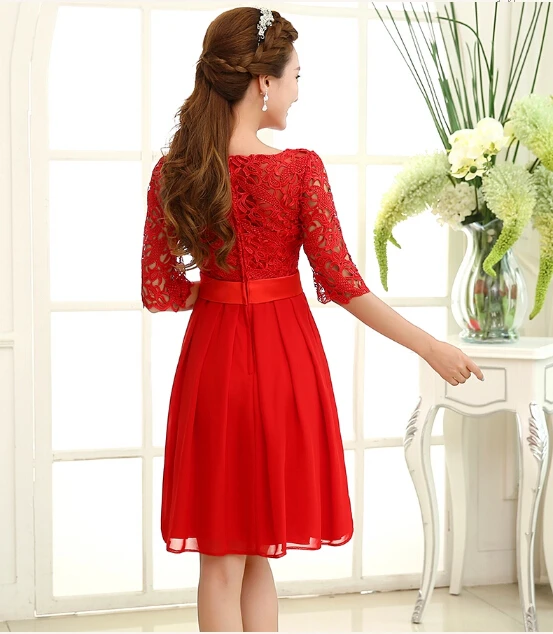 Скромные длиной до колен элегантное кружевное платье для женщин средства ухода за кожей шеи платья для выпускного вечера с длинными рукавами для девочек; Размер 8; женские Элегантное платье красного цвета с короткими W1875