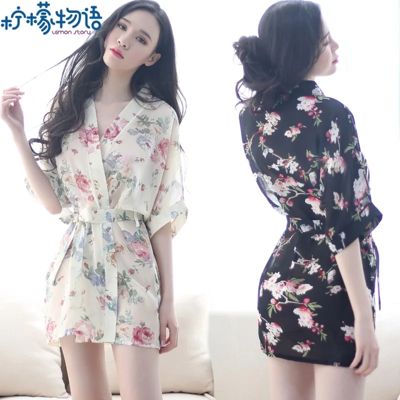 

Embroidery Elegant V-neck Kimono Nightgown Summer Women Chiffon Sexy Costume Mini Sleep Dress Robe Household Nightshirt Lenceria
