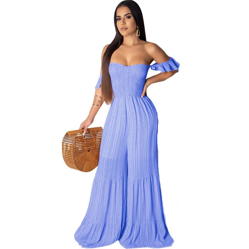 مخطط طباعة مثير ثوب فضفاض للمرأة بذلة مائل الرقبة قصيرة الأكمام واسعة الساق ارتداءها الصيف قبالة الكتف عارية الذراعين شاطئ عموما