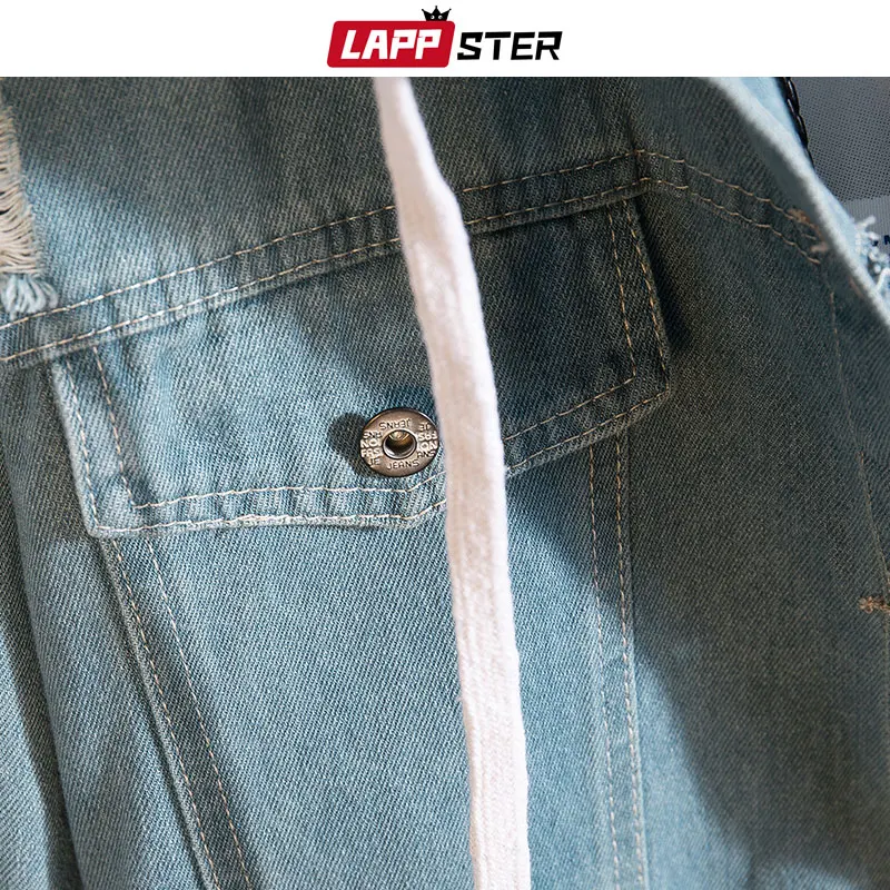 LAPPSTER Blue Bomber Jackets 2019 Men Streetwear Denim Jacket Fake Two Pieces Hip Hop Jeans Jacket Harajuku Hooded Windbreaker LAPPSTER Blue Bomber Jackets 2019 Men Streetwear Denim Jacket Fake Two Pieces Hip Hop Jeans Jacket Harajuku Hooded Windbreaker