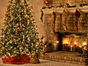 

Christmas Photography Backdrop Background Photo Studio Indoor Christmas Tree Fireplace Backdrop XT-4697