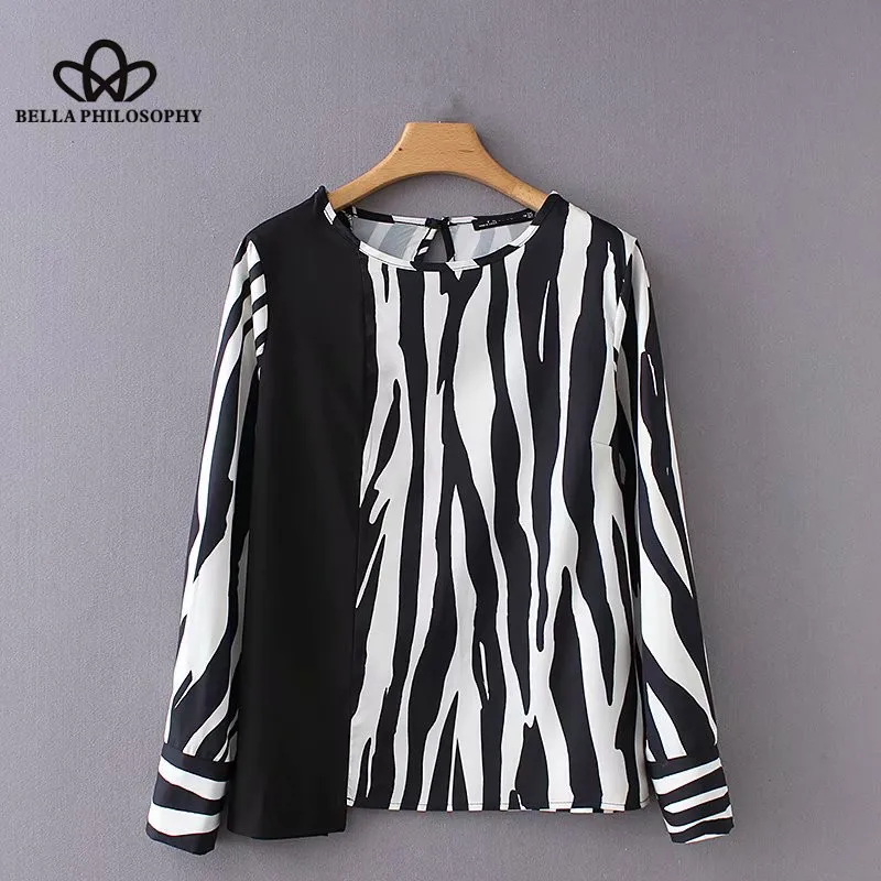 Wonder 2018new autumn vintage o neck long sleeve color matching printing shirt female pullover casual slim Blouses Feminine Tops