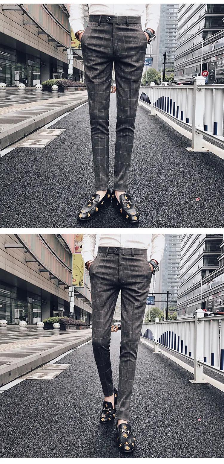 Брендовые мужские повседневные мужские зауженные брюки деловые прямые эластичные плотные клетчатые хлопковые серые брюки мужские британские черные брюки карго