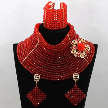

Splendid Orange Red Wedding African Beads Jewelry Set Big Choker Celebration Necklace Crystal Women Jewelry Set Free Ship QW647