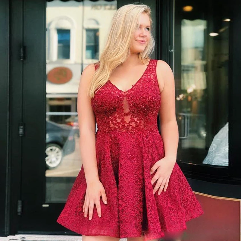 

2019 Plus Size Short Mini Homecoming Dresses V Neck Full Lace Short Graduation Dress Bead Above Knee Special Occasion Gowns