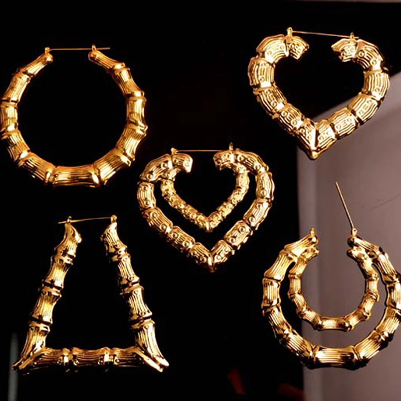 

FASHION 8CM CREOLE EARRINGS GOLD TONE BLING BIG HOOP BAMBOO OVERSIZED LOOP