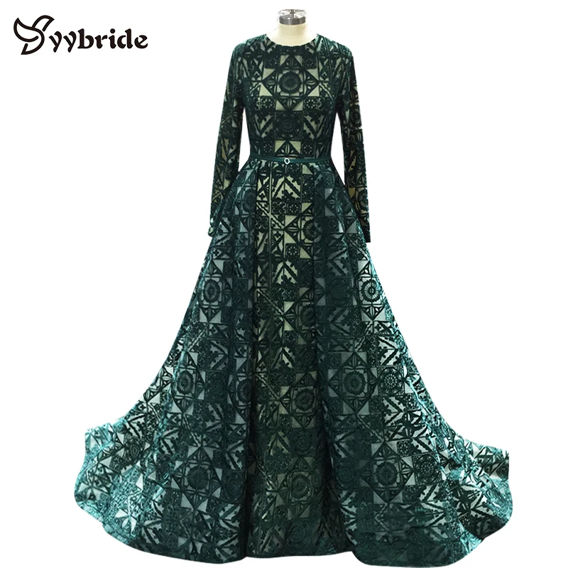 

YYbride New Dubai Fashion Dark Green Long Evening Gowns Caftan Abaya In Dubai Long Sleeves Arabic Dresses Muslim Evening Dresses