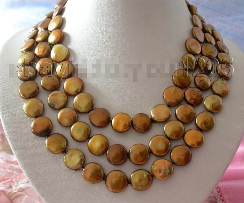 

fast 19" 3rows Genuine Natural 15mm Coffee Coin Pearl Necklace! NEW