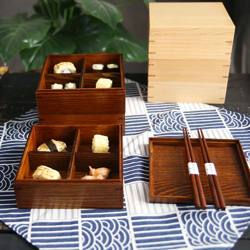 

3 Layer Square Wood Lunch Box Japanese Sushi Bento LunchBox Portable Food Container Fruits Storage Tableware Dinnerware Set