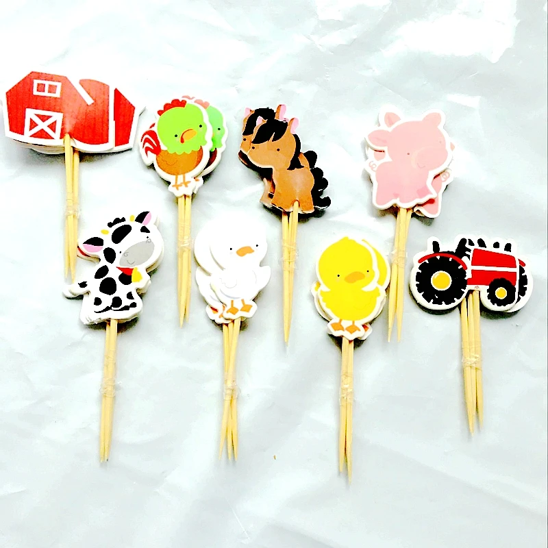 48pcs Farm Cake Toppers Animal Party Cupcake Picks Cases Petting