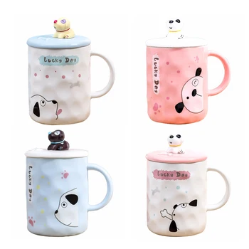 

410ml 3D embossed Cute dog mug with lid and spoon,Couples Mug Coffee Water mugs Breakfast Cup Ceramic cup breakfast milk cups