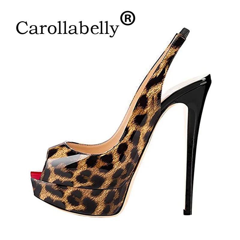 

Carollabelly Women Sandals Back Strap Patent Leather High Heel Pumps Open Toe Platform Party Shoes Leopard 14cm High Heel