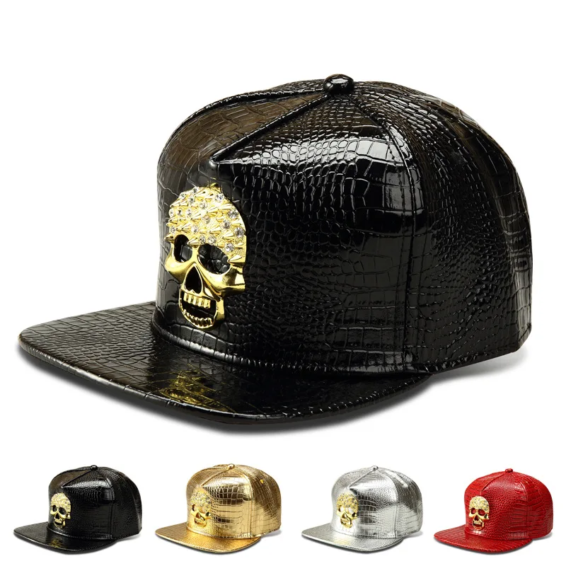 Wholesale PU Leather Skull Head Logo Baseball caps Diamond Gold Crocodile hip hop hats men women